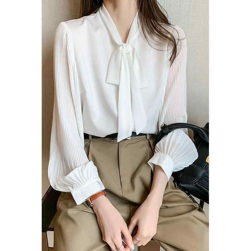 Rakuten - 秋冬 女性用 白色 蝶結び 職業服 シャツ 長袖 ゆったり 洋気 雪纺 トップス 切り替え デザイン 通勤 普段使い 吸湿速乾 軽量 伸縮性 コットン 混紡 生地 Vネック スタンドカラー ブラウス チュニック