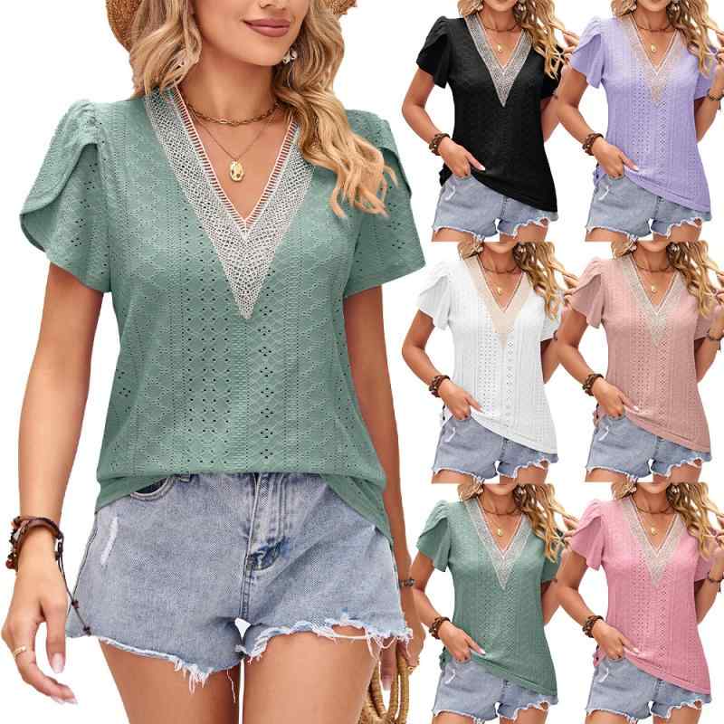 樂天商城 - Tシャツ トップス 女性用 春夏 短袖 Vネック 花辺 切り替え 花びら デザイン 純色 ゆったり シルエット 軽量 綿混 吸湿速乾 通勤 普段使い カジュアル ブラック ピンク系 アイボリー