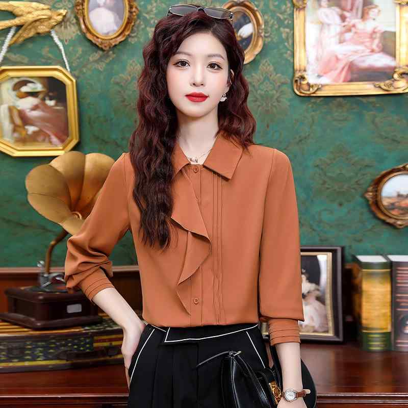 Blouses - 長袖 シャツ トップス 女性用 春夏 秋冬 雪纺 シフォン 素材 軽量 通気性 デザイン性 中年 母親 向け スタイリッシュ ブラウス 綿混 紡績 生地 ゆったり シルエット Vネック ボタン ディテール 普段使い フォーマル コーディネート
