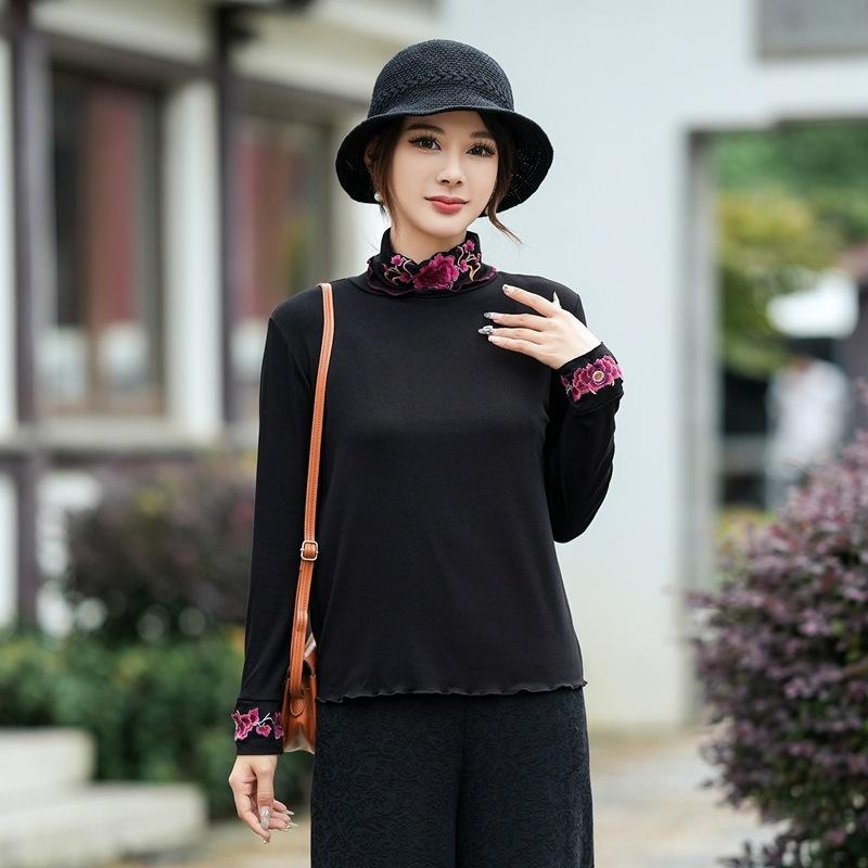 其它 - Tシャツ 女性用 春夏 中華 国 レトロ 刺繍 長袖 ハイネック スリムフィット 通勤用 インナー トップス 修身 打底 綿素材 軽量 伸縮性 ブラック アイボリー ピンク系 普段使い 部屋着