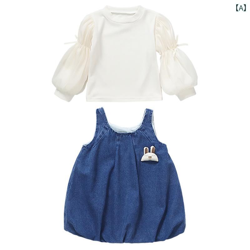 女児 ワンピース 春夏 秋冬 子供用 背広スカート セット 時尚 ガールズ 春服 デニム スカート かわいい 綿素材 軽量 伸縮性 ハイウエスト ブルー ピンク系 普段使い 遊び着 2
