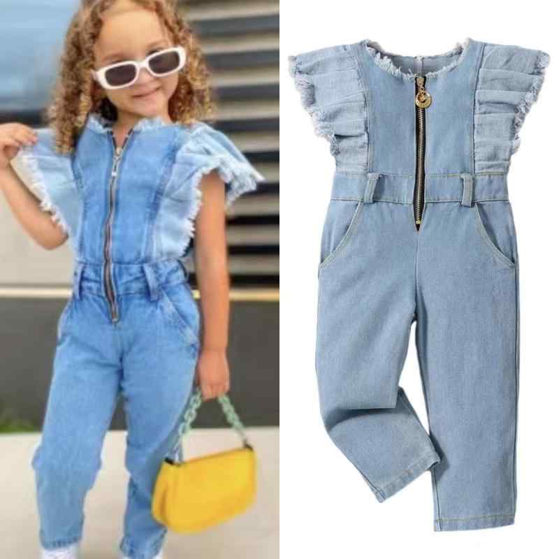 Overalls - 女の子 デニム オーバーオール ロングパンツ 春夏 飛袖 デザイン 伸縮性 軽量 普段使い カジュアル スタイル 切り替え ディテール ブルー 系 素材 子供服 トップス 付き ボディスーツ 形状 通年 対応 機能