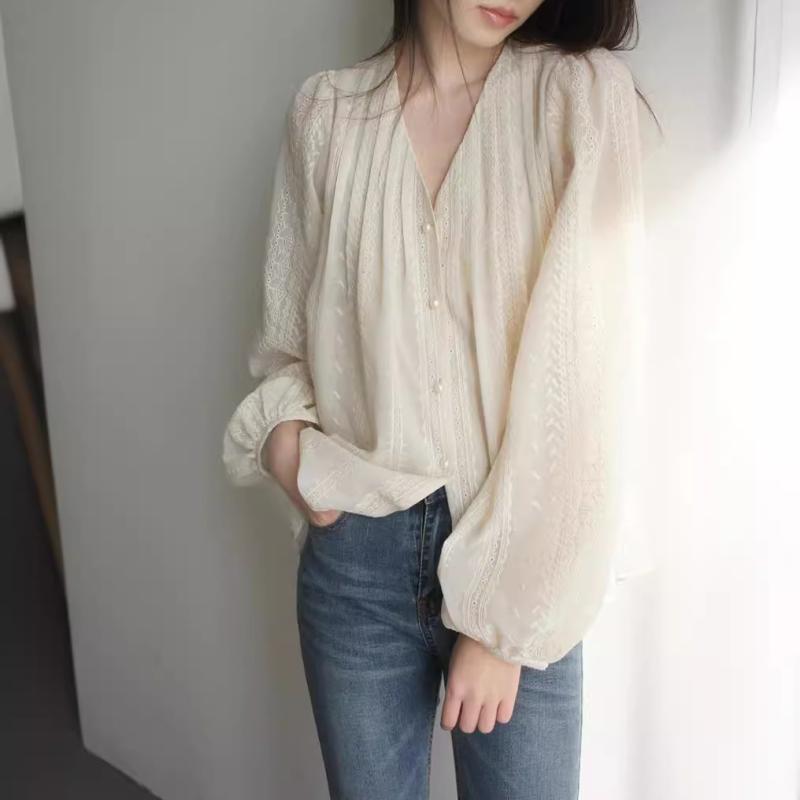 Other - シャツ 女性用 春夏 復古 クリーム色 杏色 優しい レース ランタンスリーブ デザイン ゆったり Vネック トップス 綿混 軽量 ソフト素材 通勤 普段使い