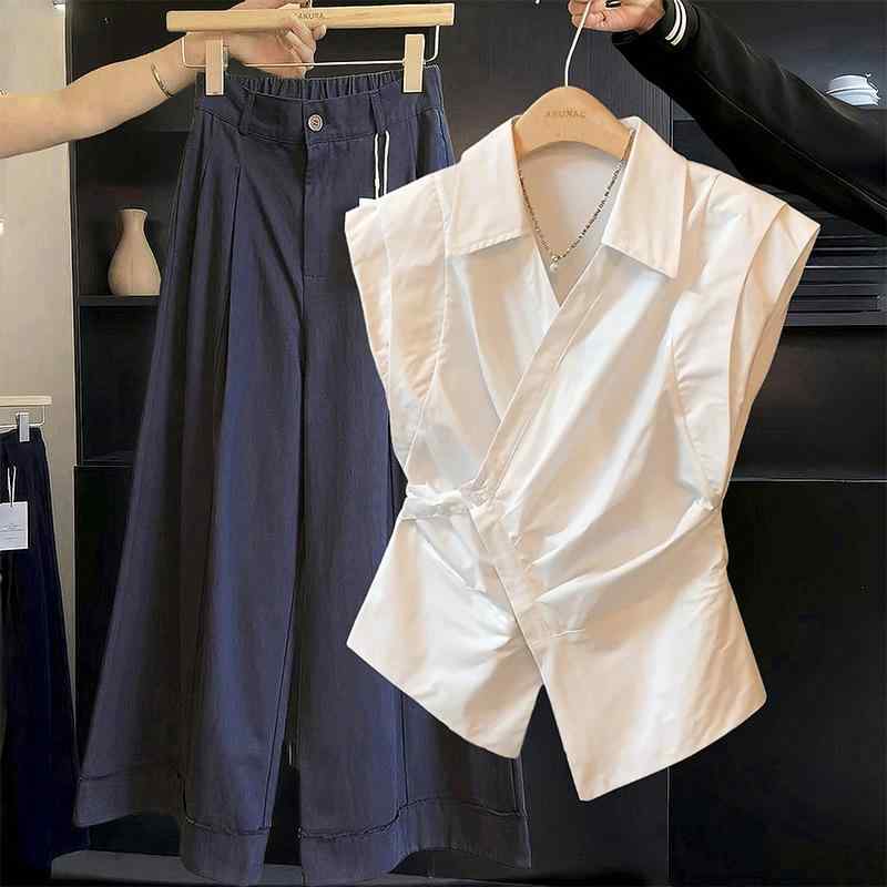 尺八 - ポロシャツ 女性用 ノースリーブ トップス 春夏 綿素材 デザイン 切り替え ハイウエスト 軽量 吸湿速乾 フレンチスタイル 肩紐 細肩紐 ブラウス インナー 普段使い 通勤用 ビッグシルエット Vネック カジュアル