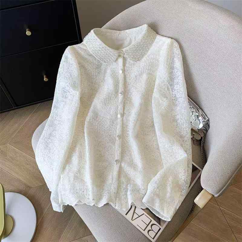Rakuten - シャツ 女性用 春夏 レース フレアカラー ビーズ刺繍 小香 長袖 トップス 軽量 伸縮性 切り替えデザイン 通勤用 普段使い コットン混 ブラック ピンク系 アイボリー カジュアル レイヤード