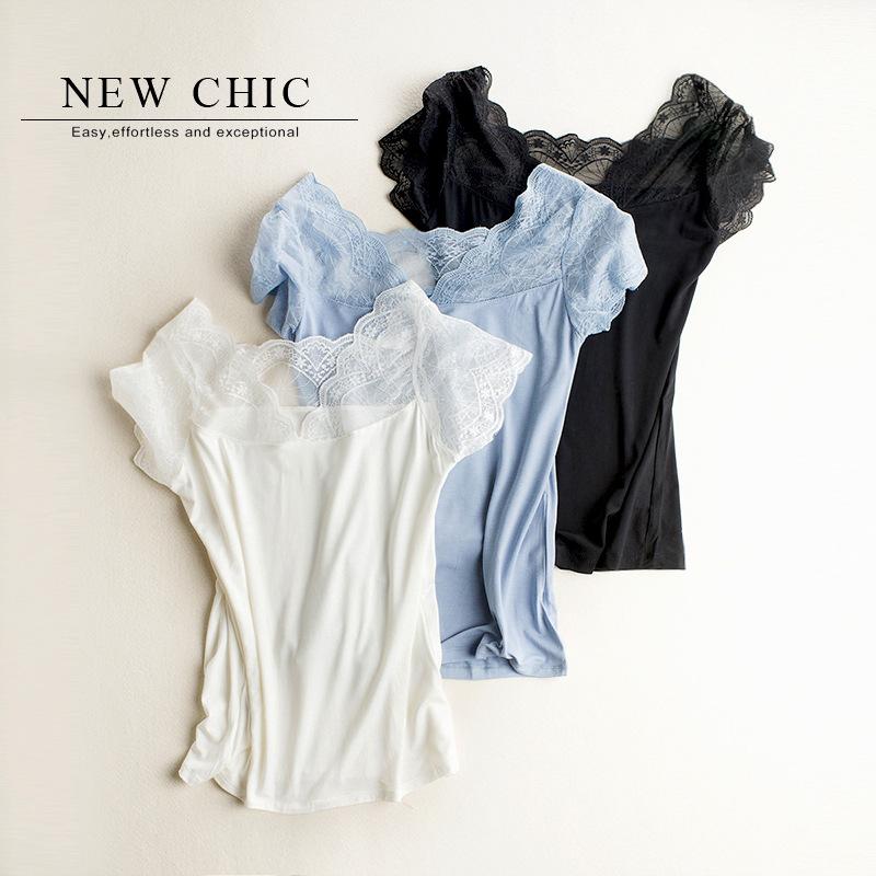 乐天商城 - レディース トップス シャツ かわいい 蕾丝 レース 切り替え 薄手 Tシャツ 3色展開 通気性 快適 軽量 伸縮性 綿混 春夏 普段使い カジュアル ブラウス インナー 半袖 フェミニン シルクタッチ