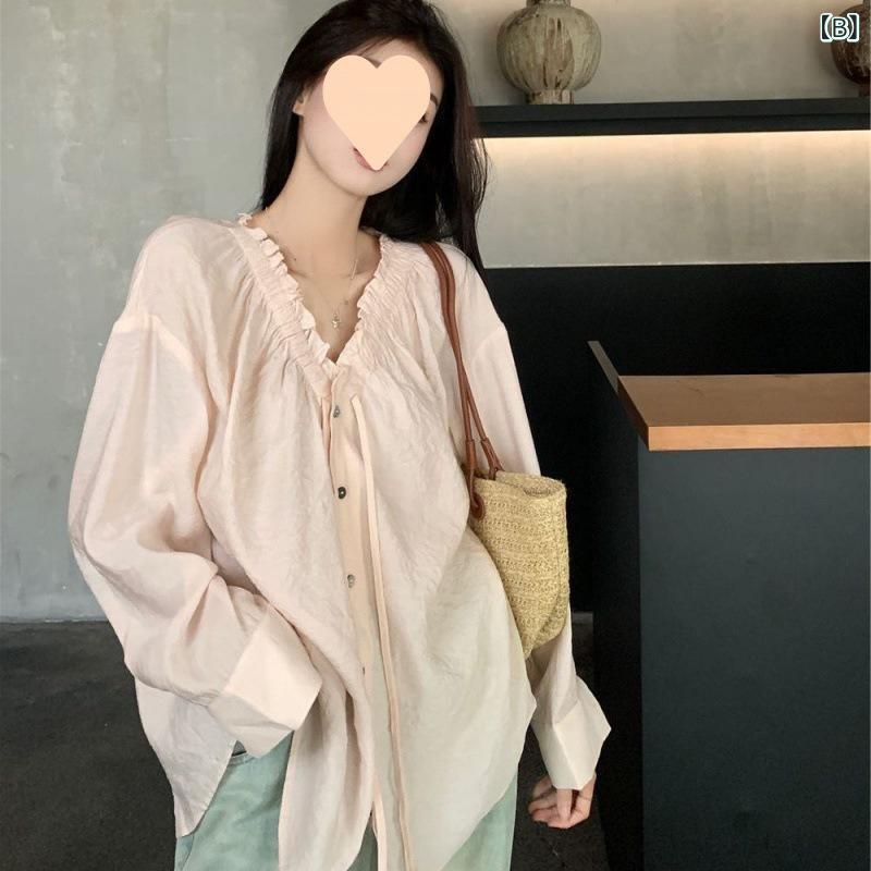シャツ 女性用 春夏 ゆったり フレンチスタイル Vネック フリル デザイン ゆったりシルエット 春 胖MM 対応 リラックス ファッション ワイド フィット カジュアル トップス コットン 混 軽量 吸湿速乾 通勤 普段使い 部屋着 ブラック ピンク系 3