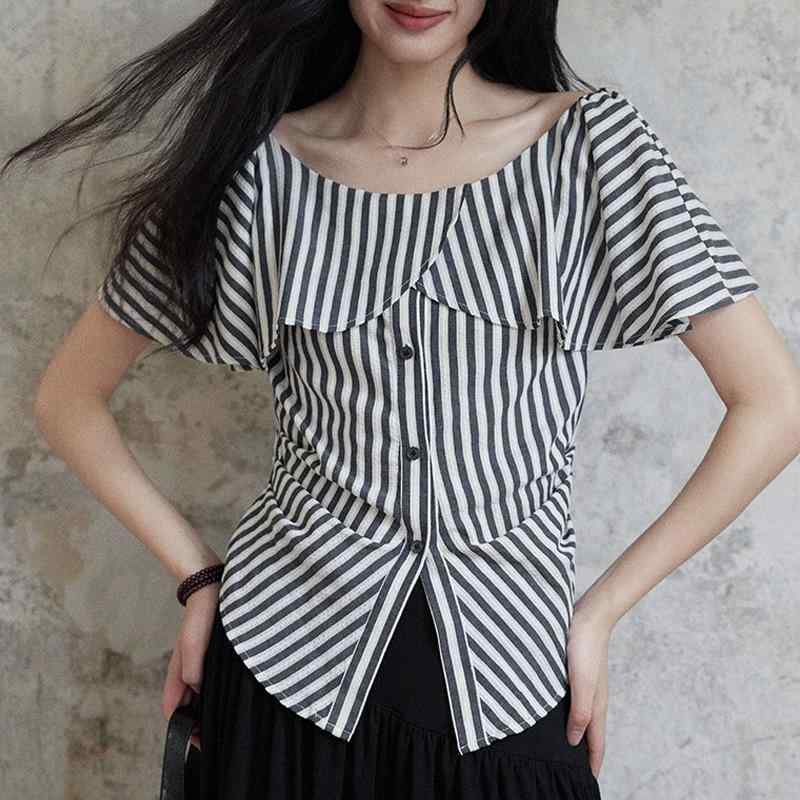 乐天商城 - シャツ レディース 春夏 黒白 ストライプ 短袖 フレンチスタイル フリル 肩 ウエスト 収縮 トップス 軽量 綿混 ブラック ホワイト ビッグシルエット 普段使い 伸縮性 吸湿速乾 接触冷感 かわいい 女性用 インナー ブラウス