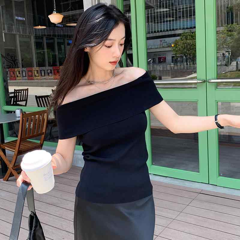 Rakuten - 夏季 女性用 トップス 修身 肩出し 一文字肩 伸縮性 ニット Tシャツ 接触冷感 吸湿速乾 通気性 軽量 ブラック ピンク系 アイボリー ビッグシルエット Vネック カジュアルスタイル 普段使い