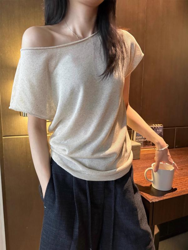 樂天商城 - トップス レディース 夏用 接触冷感 再生繊維 麻混 短袖 肩出し 切り替え 斜め肩 ニット カジュアル 軽量 通勤 普段使い ブラック ピンク系 アイボリー 吸湿速乾 ビッグシルエット Vネック 伸縮性 高級感