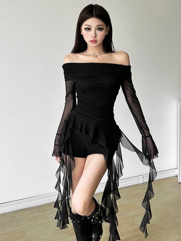 Other - トップス 女性用 甘辛ミックススタイル フリル切り替え ワンショルダー 長袖 Tシャツ スリムフィット ボディシェイプ 秋冬 伸縮性 吸湿速乾 軽量 ブラック ピンク系 アイボリー 普段使い 通勤用 カジュアル かわいい ハイネック Vネック ビッグシル
