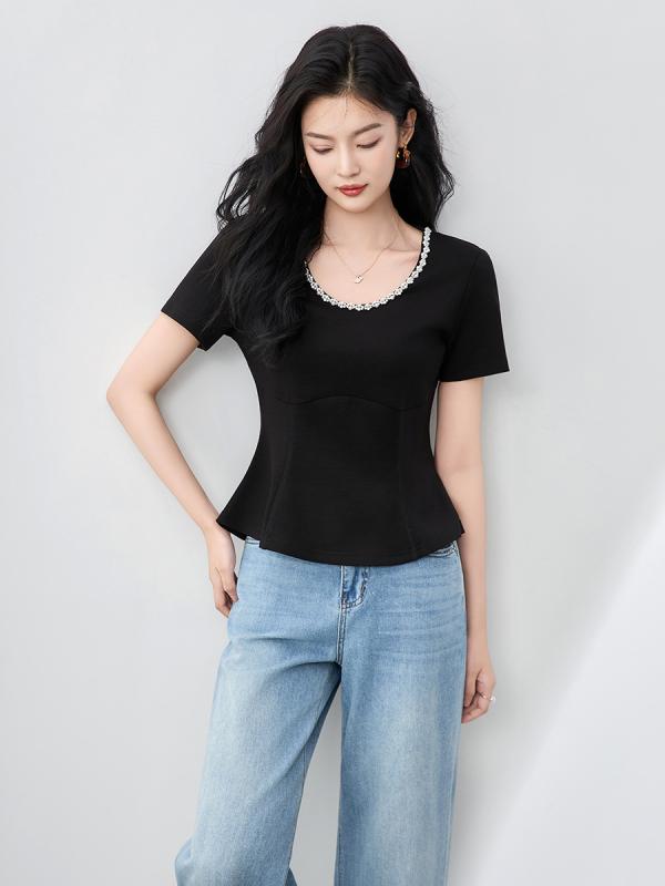 Rakuten - レディース トップス 短袖 夏 ファッション 丸首 ウエストマーク フィッシュテール レイヨン 素材 軽量 通気性 切り替えデザイン スタイリッシュ シック ブラウス インナー 普段使い 吸湿速乾 伸縮性 カジュアル コーディネート