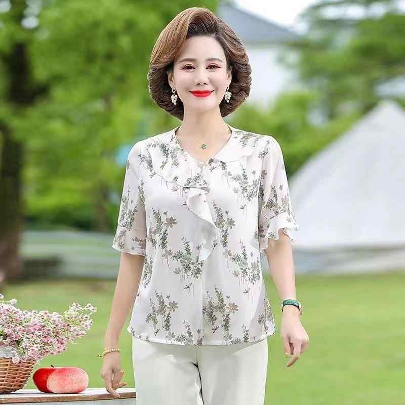 Rakuten - 中年女性 夏用 短袖 Tシャツ 雪纺 小衫 薄手 トップス ブラウス 軽量 通気性 吸湿速乾 再生繊維 ソフト素材 ゆったりシルエット 普段使い 部屋着 春夏 女性用 ファッション