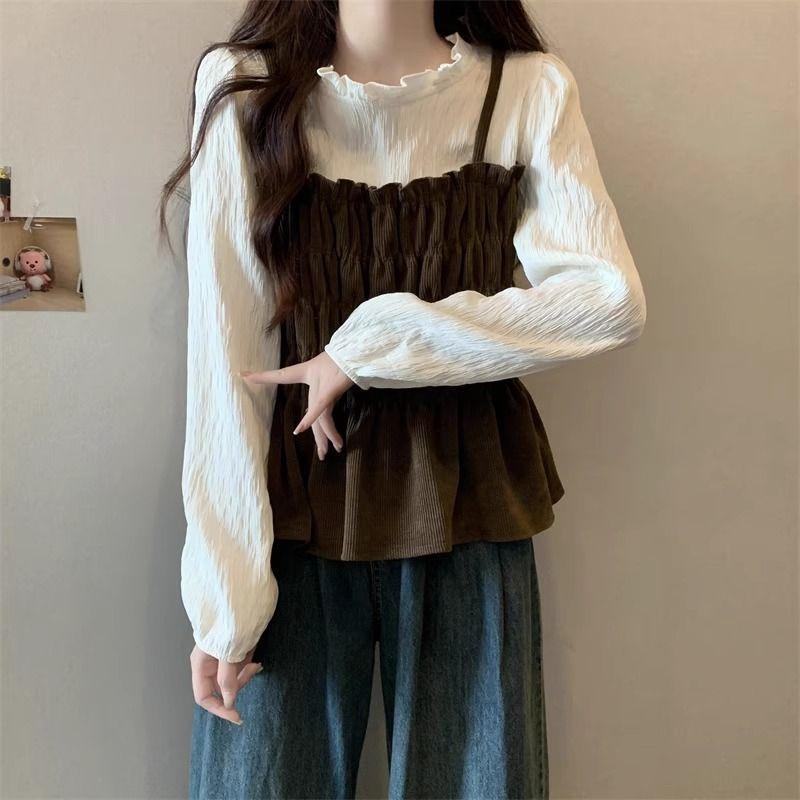 Rakuten - フレンチスタイル 切り替え 偽ツーピース シャツ 女性用 春夏 新作 大きいサイズ ゆったり プリーツ スリム フレア袖 長袖 トップス