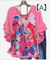 Tシャツ 女性用 春夏 半袖 丸首 ゆったりシルエット フリル 裾 切り替え プリント 柄 トップス かわいい 普段使い コットン 軽量 吸湿速乾 通勤 カジュアル ブラック ピンク系 アイボリー riverpaddy-11392675 リバーパディ サンプル画像2