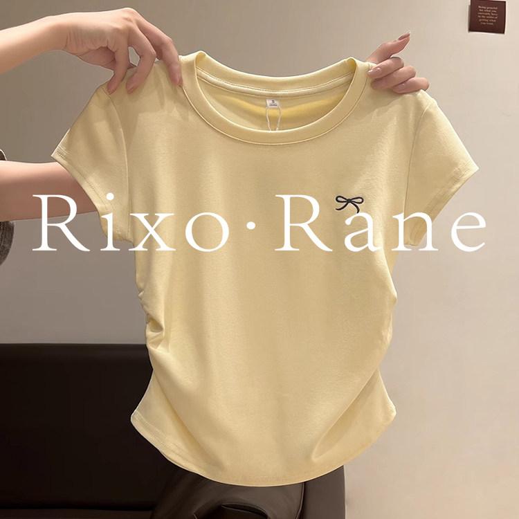 レディース ラウンドネック ショートスリーブ Tシャツ スリム プリーツ ウエストシェイプ トップス 肌白見せ カジュアル 普段使い 伸縮性 軽量 コットン混 ブラック ホワイト ピンク系 Vネック風 ビッグシルエット