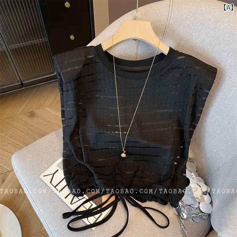 レディース ノースリーブ ニット トップス 薄手 夏用 フレンチスタイル 透け ブラウス 軽量 伸縮性 カジュアル 普段使い 女性用 無袖 シャツ 編み地 シック エレガント