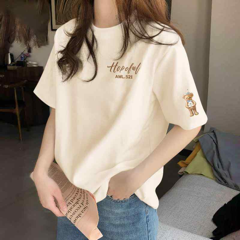 T-Shirts - Tシャツ 女性用 春夏 純棉 短袖 デザイン性 ファッション 洋気 トップス 吸湿速乾 通気性 軽量 ビッグシルエット カジュアルスタイル ブラック ピンク系 アイボリー