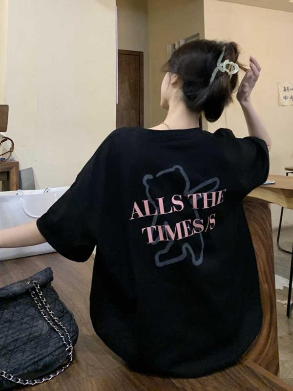 Rakuten - Tシャツ レディース 夏用 ビッグシルエット 短袖 トップス 女性用 ゆったり スリム効果 純棉 ブラック コットン 吸湿速乾 軽量 通勤 普段使い 部屋着 伸縮性