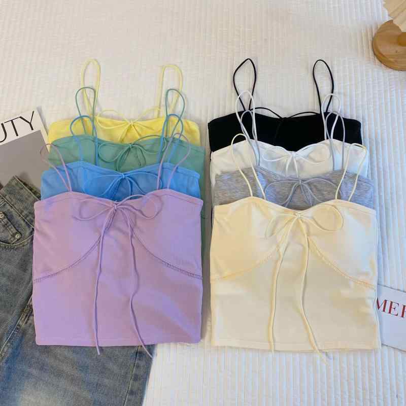 夏季 女性用 トップス かわいい デザイン ビッグリボン 肩紐 チューブトップ ブラレット ブラカップ付き 無地 ショート丈 セクシー 背中開き キャミソール 軽量 綿混 吸湿速乾 春夏 通勤 普段使い