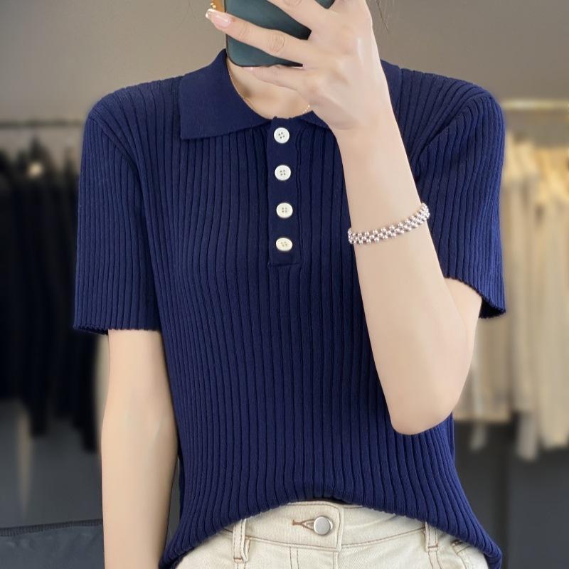 Polo Shirt - Tシャツ 女性用 ポロカラー ネイビー ボタン 修身 スリムフィット 短袖 親肌 接触冷感 綿素材 春夏 トップス 普段使い 軽量 吸湿速乾 カジュアル