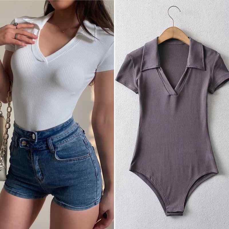 Polo Shirt - レディース トップス 春夏 法式 短袖 Vネック ワンピース インナー 伸縮性 修身 普段使い 百搭 Tシャツ ブラウス