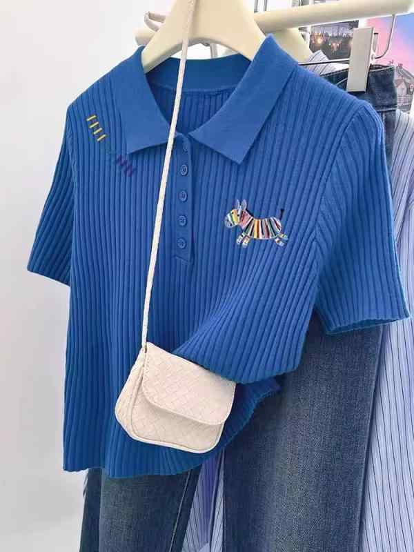 Tシャツ 女性用 夏 ポロカラー 針織 トップス 肩掛け 半袖 カラフル ポニー柄 接触冷感 吸湿速乾 軽量 伸縮性 ビッグシルエット かわいい 普段使い カジュアル
