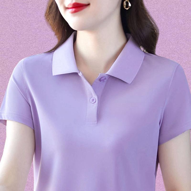 Polo Shirt - Tシャツ 女性用 夏 大きいサイズ 中年向け ポロシャツ 接触冷感 短袖 翻領 速乾 スリム効果 トップス 綿混 軽量 ビッグシルエット ブラック ピンク系 通勤 普段使い