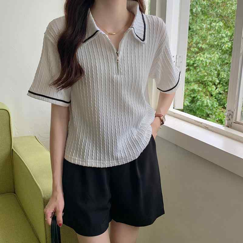 Polo シャツ 女性用 翻領 短袖 Tシャツ 2025 夏季 拉链 套頭 針織 上衣