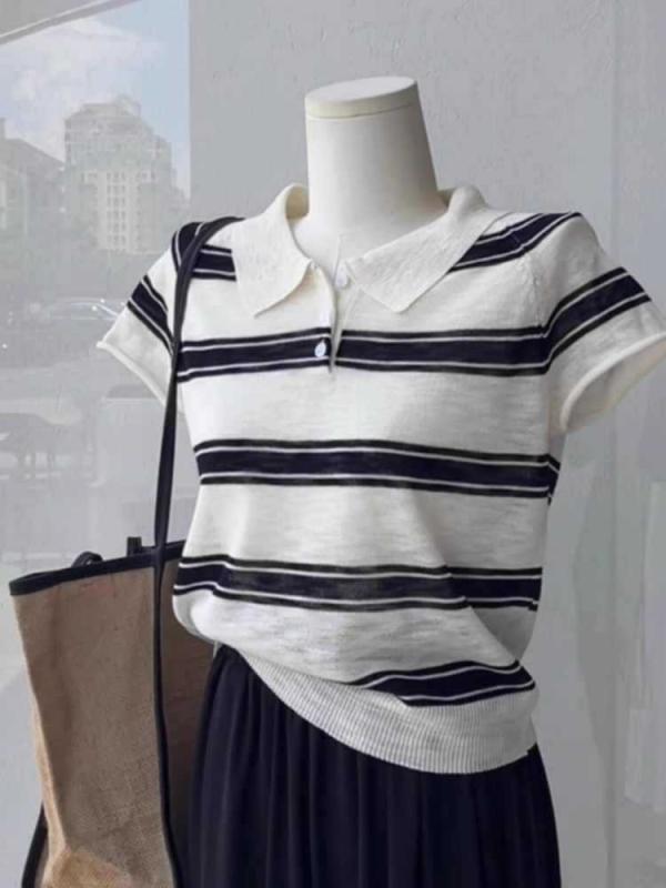 Polo Shirt - レディース ポロシャツ ストライプ柄 接触冷感 ニット 半袖 Tシャツ 夏用 コンパクト 短丈 襟付き 肩正 トップス 吸湿速乾 軽量 綿混 ブラック ホワイト ピンク アイボリー 普段使い カジュアル