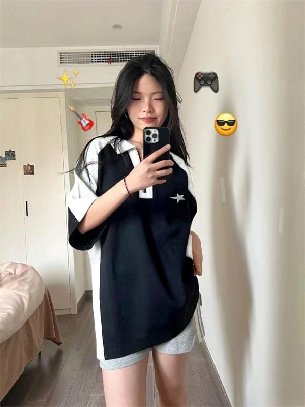 Tシャツ 女性用 半ジッパー 甘めクール 夏用 ゆったり 綿 半袖 ポロシャツ カジュアル ビッグシルエット 切り替え ブラック ピンク系 吸湿速乾 通勤用 普段使い アウトドア 軽量 伸縮性