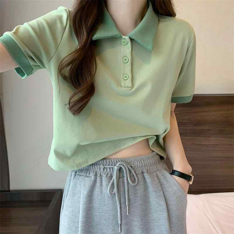 Polo Shirt - Tシャツ 女性用 春夏 フレンチスタイル ポロシャツ 洋気 モダン ファッション スリムフィット ユニーク ショート丈 トップス コットン 軽量 吸湿速乾 カジュアル 普段使い ブラック ホワイト ピンク系
