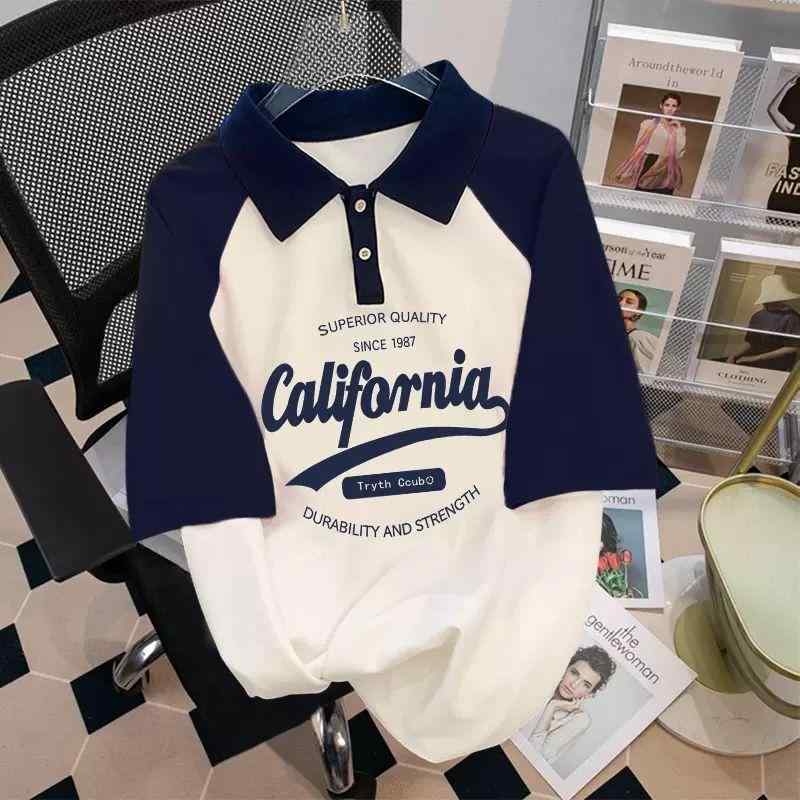 Tシャツ レディース 春夏 半袖 ポロシャツ イン アメリカン ビンテージ ゆったり 体型カバー 切り替えデザイン コットン混 吸湿速乾 軽量 通勤 普段使い カジュアル ブラック ピンク アイボリー