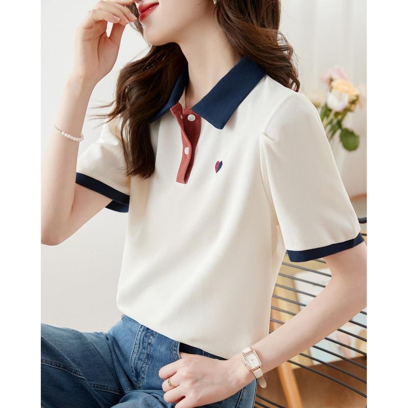 Tシャツ 女性用 春夏 接触冷感 綿素材 ビーズ加工 ゆったり スリム トップス 切り替え カラーブロック 半袖 ポロシャツ 吸湿速乾 軽量 伸縮性 普段使い カジュアル ブラック ピンク系 アイボリー