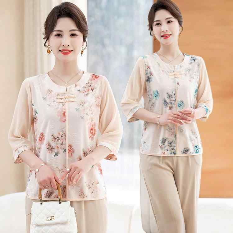 Polo Shirt - 中老年女性 春夏 ゆったり トップス シャツ 洋気 腹カバー 小衫 半袖 シフォン 上衣 軽量 吸湿速乾 通勤 普段使い 部屋着 ベージュ ピンク グレー