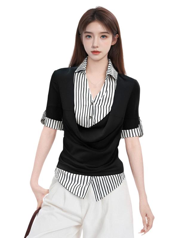 Polo Shirt - ブラウス 女性用 夏 短袖 黒 ストライプ 偽ツーピース ポロカラ 修身 デザイン 肩 ダボ Vネック 接触冷感 吸湿速乾 軽量 トップス シャツ カットソー