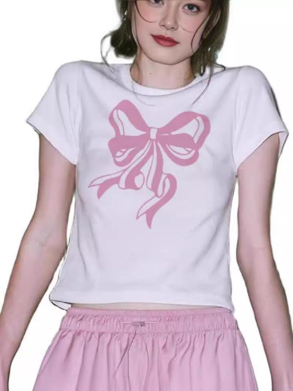 Other - Tシャツ 女性用 春夏 短袖 トップス 小さめラウンドネック ウエストイン ボディシェイプ かわいい 白 蝶結び リボン プリント 花柄 フレア フィット 軽量 綿混 吸湿速乾 普段使い カジュアル