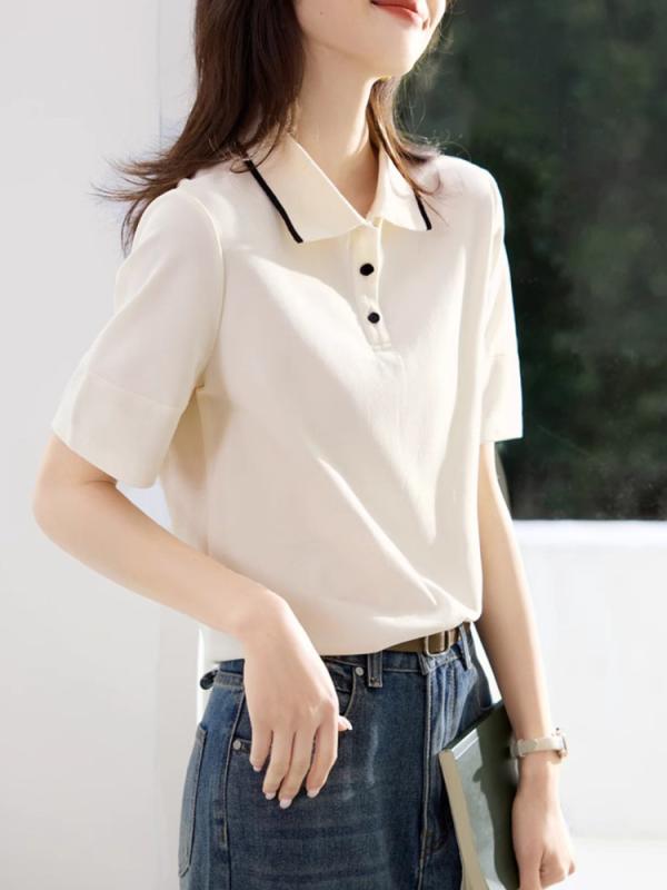 Polo Shirt - ポロシャツ レディース 短袖 春夏 切り替え かわいい 学院 ファッション トップス 女性用 翻領 シャツ コットン 軽量 吸湿速乾 通勤 普段使い ブラック ピンク系 アイボリー ビッグシルエット Vネック 伸縮性
