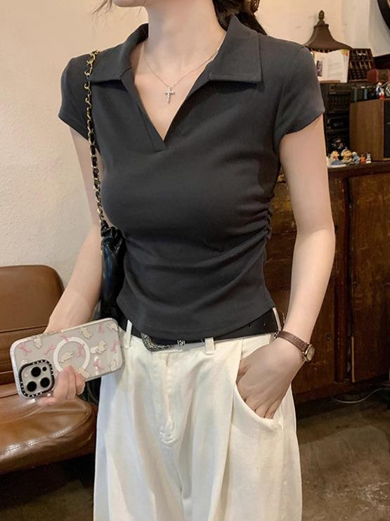 Tシャツ 女性用 短袖 修身 スリム 肩正 夏 かわいい 切り替え プリーツ 不規則 短め ポロシャツ トップス 綿素材 吸湿速乾 軽量 通勤 普段使い カジュアル ブラック ピンク系 アイボリー