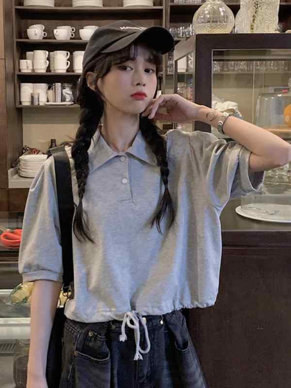 Tシャツ レディース 短袖 グレー 韓国 復古 ポロカラ 細見え 短丈 トップス 軽量 コットン ストレッチ 普段使い カジュアル 春夏 ビッグシルエット Vネック 吸湿速乾 接触冷感 部屋着 インナー