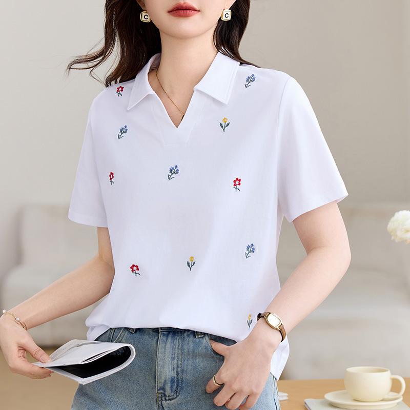 Polo Shirt - トップス 女性用 半袖 ポロシャツ 夏季 春夏 ファッション 肩幅正方形 切り替えデザイン 綿素材 吸湿速乾 軽量 通勤 普段使い カジュアル ブラック ホワイト ピンク系 Vネック ビッグシルエット 接触冷感 再生繊維 かわいい スタイル