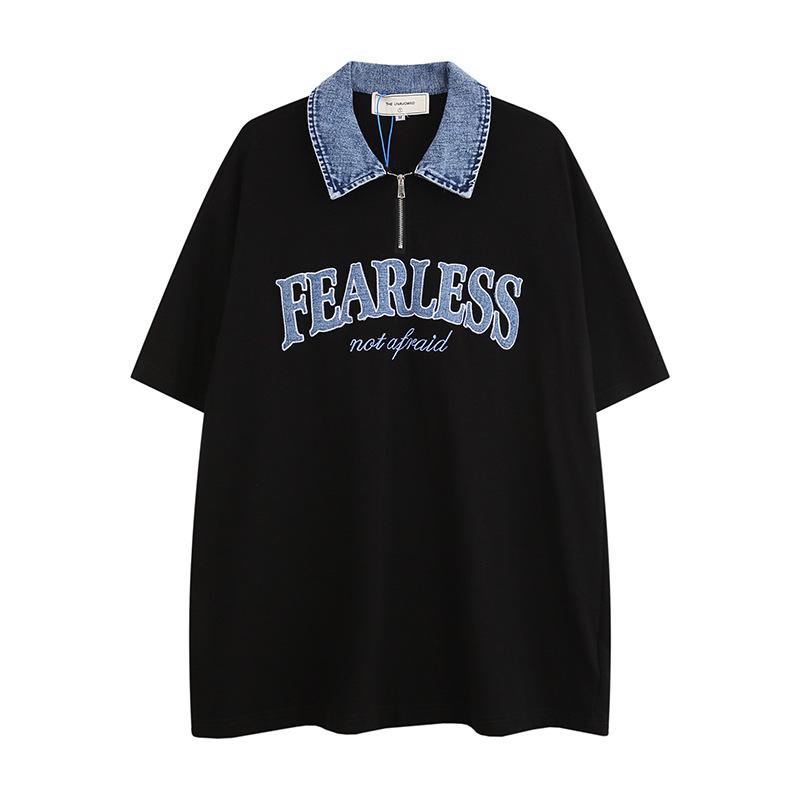 Polo Shirt - Tシャツ 女性用 牛仔 ポロカラー 短袖 トップス ワイドシルエット 切り替えデザイン ビッグサイズ ゆったり上衣 カジュアル デニム素材 春夏 吸湿速乾 日常使い 軽量 コットン混 ブラック ブルー ベージュ