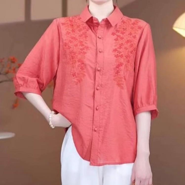 Polo Shirt - シャツ レディース 春夏 洋気 刺繍 トップス 切り替え カーディガン スタンドカラー ゆったり 袖丈 ロング 綿混 軽量 吸湿速乾 シルエット スリム かわいい 普段使い 通勤 トップス ブラウス シャツ 刺繍ブラウス ゆったりトップス 春夏シャツ 花