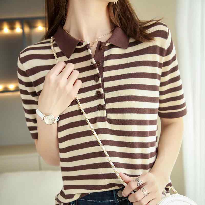 Polo Shirt - Tシャツ トップス 女性用 夏 春夏 短袖 ポロ 襟 条紋 柄 ゆったり 薄手 大きいサイズ 綿 混紡 針織 シャツ インナー 軽量 吸湿速乾 カジュアル 普段使い ビッグシルエット Vネック アイボリー ブラック ピンク系 接触冷感 再生繊維 伸縮性