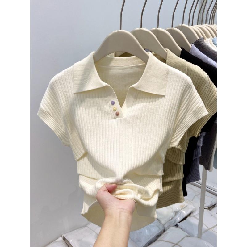 レディース ポロカラー カラフル ボタン ニット 短袖 トップス 夏 ウエスト切り替え プリーツ インナー ブラウス 軽量 吸湿速乾 コットン混 ピンク系 アイボリー ブラック ビッグシルエット 通勤用 普段使い