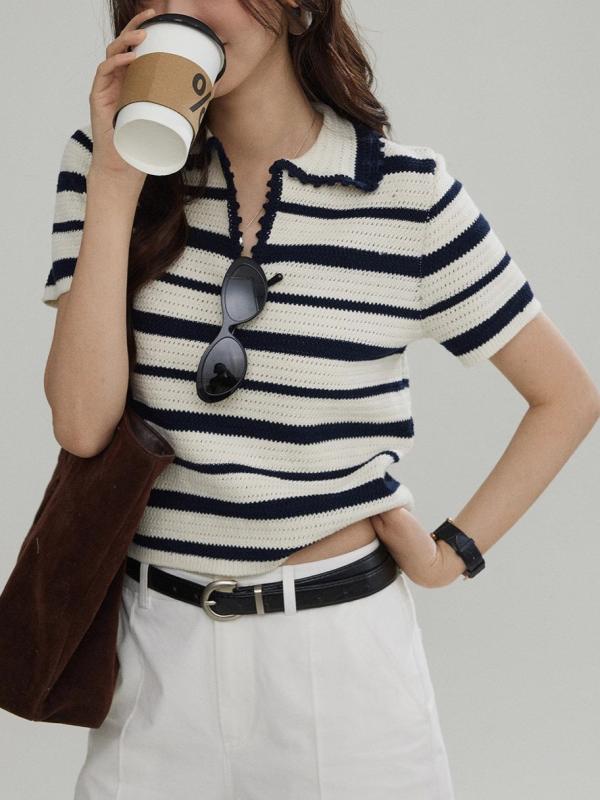 Polo Shirt - Tシャツ レディース 短袖 ストライプ柄 ニット 接触冷感 夏 春夏 ポロカラ 切り替え カジュアル トップス 通勤用 普段使い 軽量 吸湿速乾 伸縮性 ブラック ピンク系 アイボリー ビッグシルエット Vネック