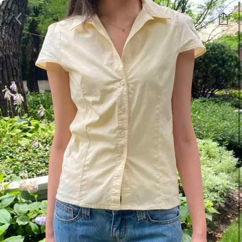 女性 ポロシャツ 収腰 短袖 シャツ フラップカラー トップス 修身 スリム フィット 百搭 黄色 春夏 コットン 軽量 吸湿速乾 通勤 普段使い トップス