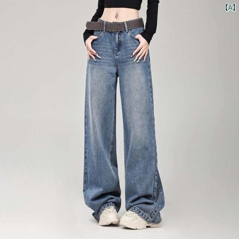 レディース デニムパンツ ワイドレッグ ストレート ロング丈 レトロ アメリカンス...