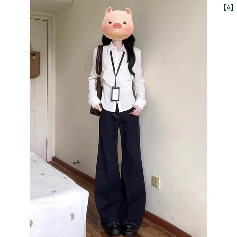 リバーパディの長袖シャツ 女性用 春季 フレンチスタイル 掐腰 修身 デザイン 収腰 トップス 綿混 伸縮性 軽量 ブラウス フェミニン シック ロングスリーブ シャツ アイボリー ホワイト 細身シルエット｜アングル2
