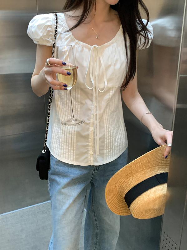 Blouses, Shirts - シャツ レディース 春夏 韓国 デザイン バインダー ウエスト イン スリム 泡泡袖 短袖 トップス かわいい 軽量 綿 素材 通勤 普段使い ブラック ピンク アイボリー